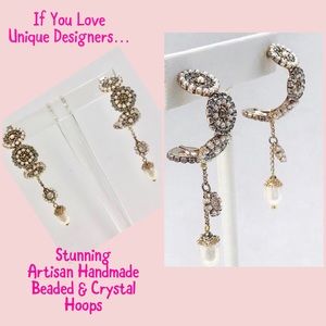 Stunning Handmade Crystal & Pearl Hoop Dangles,NWT